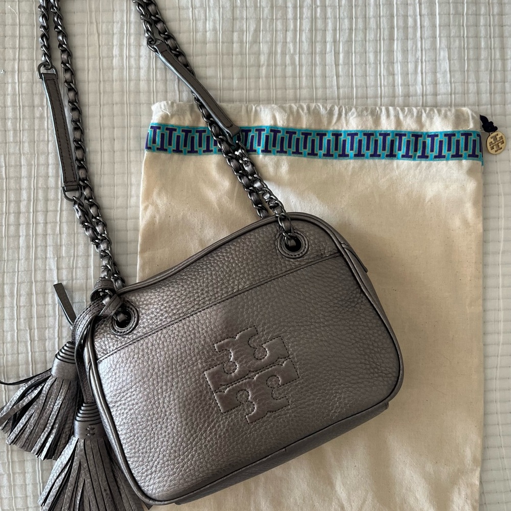 Tory Burch Thea Metallic Gray Crossbody Bag
